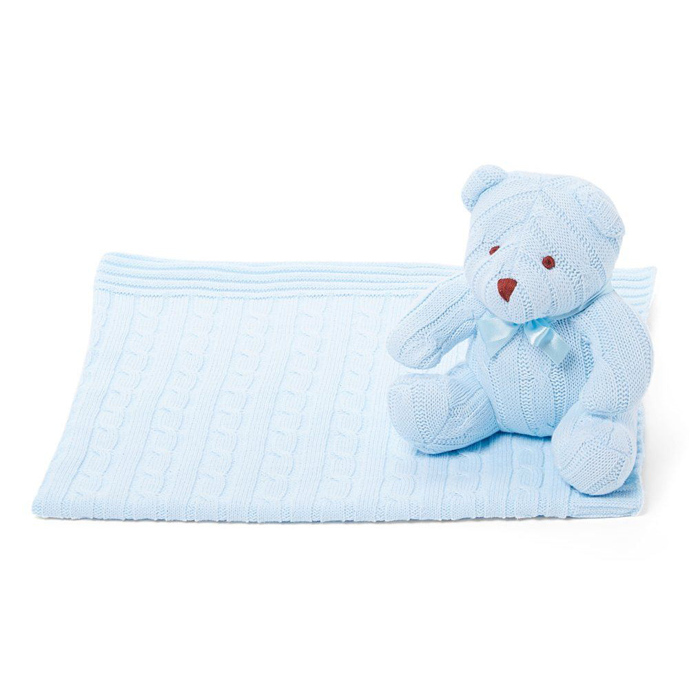 Cable Knit Teddy Bear & Blanket: Blue